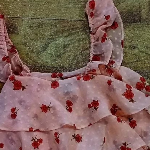 Forever 21 Pink Red Poppies Floral Tiers Ruffle Straps Cropped Cami Tank Sz M - Picture 11 of 15